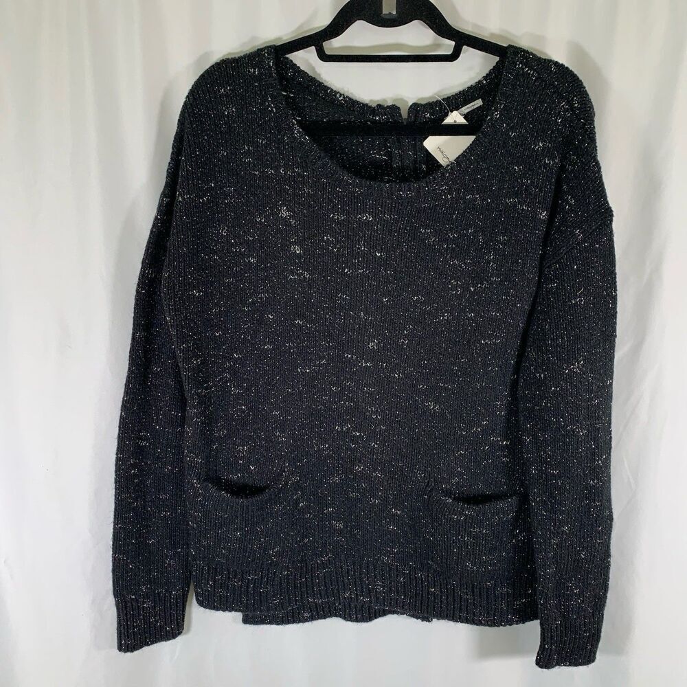 New Halogen Sweater Women's Large Black Metallic Silver Zip Back Wool Blend Knit